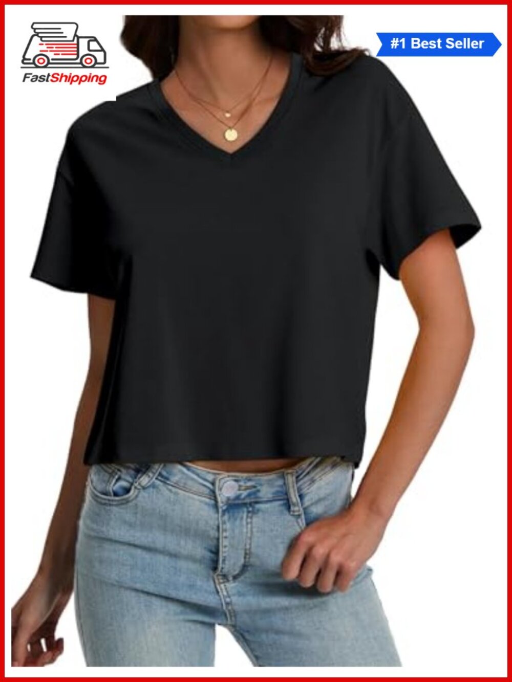 ✨ SMENG Women's Cropped T Shirt Cotton Blend UPF 50+ V-Neck Loose Fit